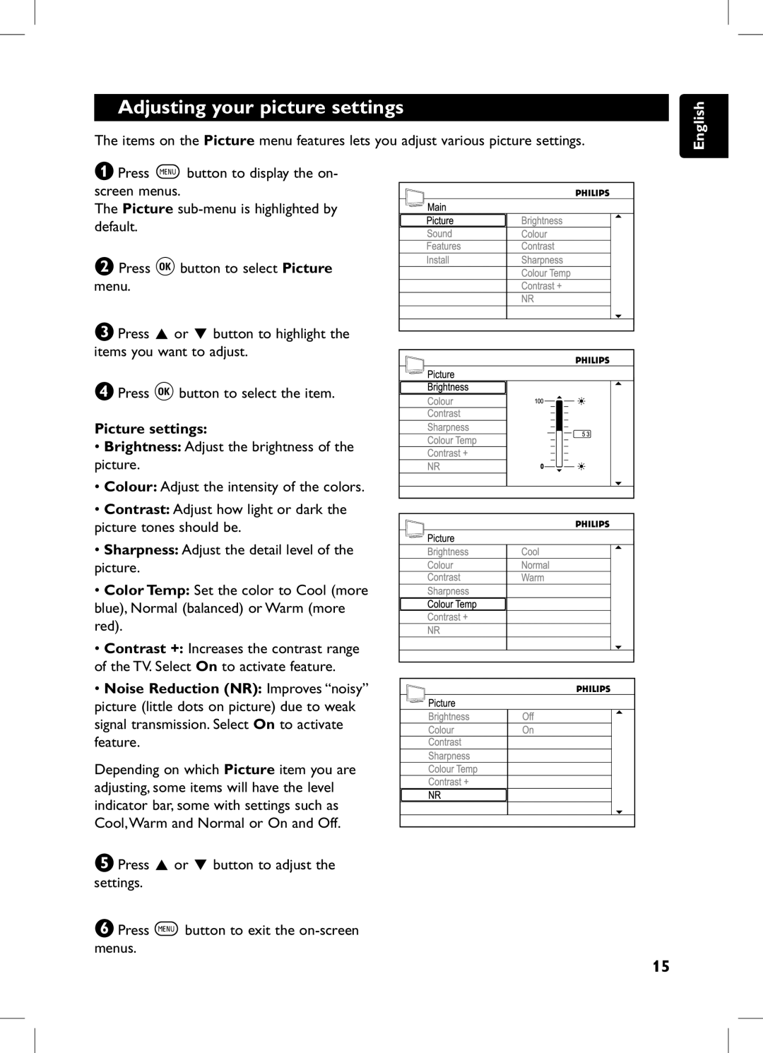 Philips 105E user manual Adjusting your picture settings, Picture settings 