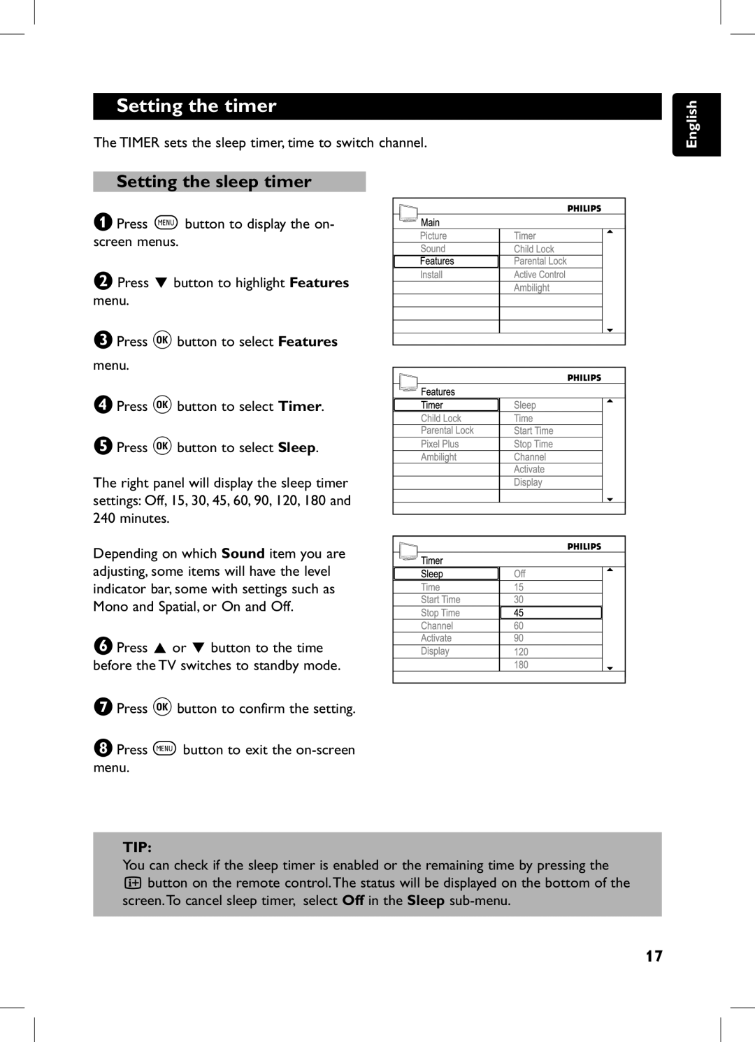 Philips 105E user manual Setting the timer, Setting the sleep timer 