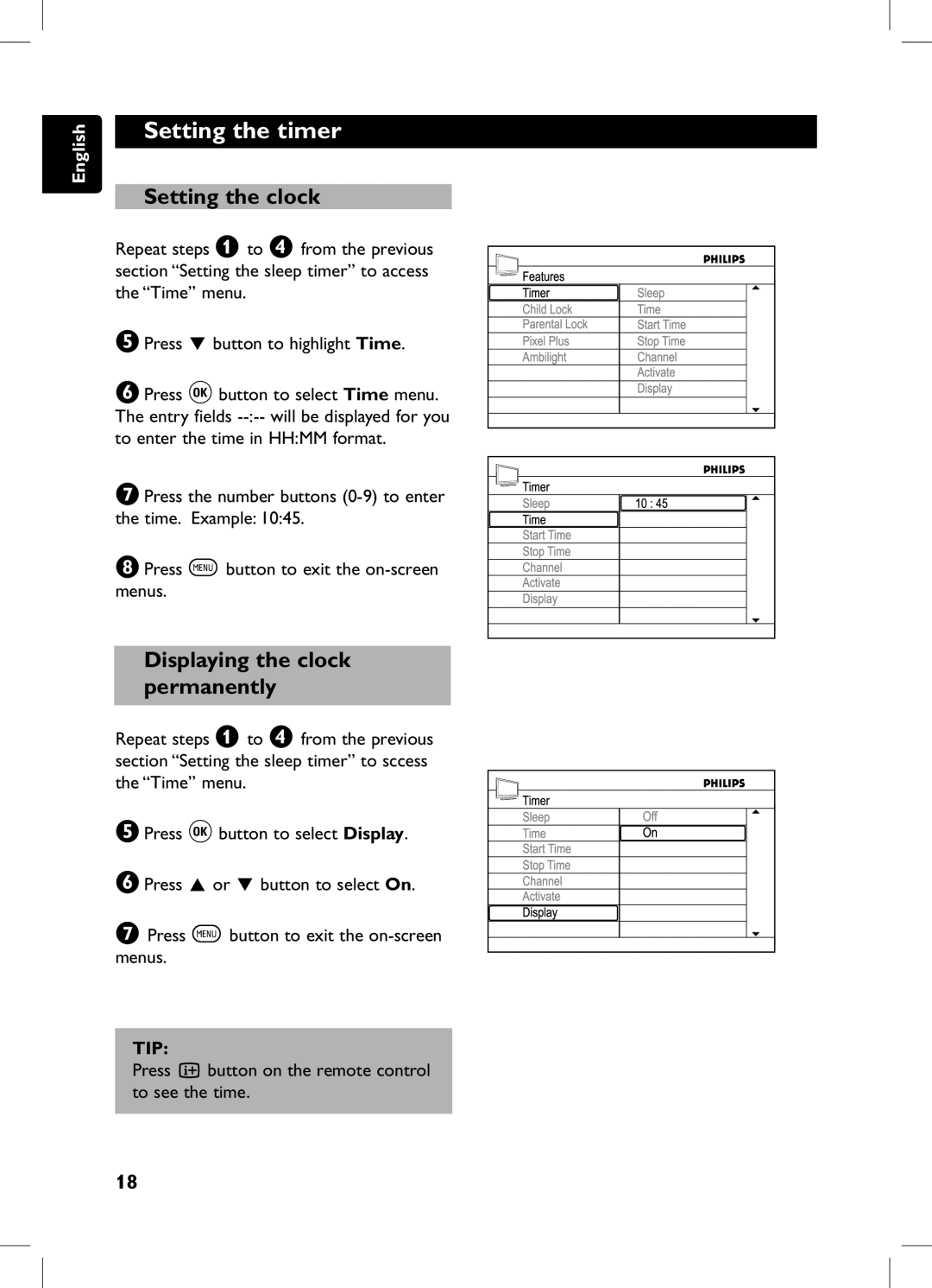 Philips 105E user manual Setting the clock, Displaying the clock permanently 