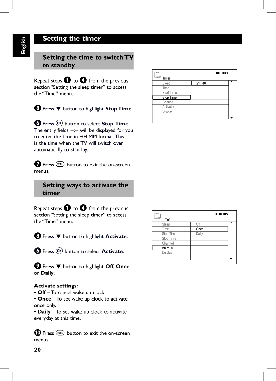 Philips 105E user manual Setting the time to switch TV to standby, Setting ways to activate the timer 