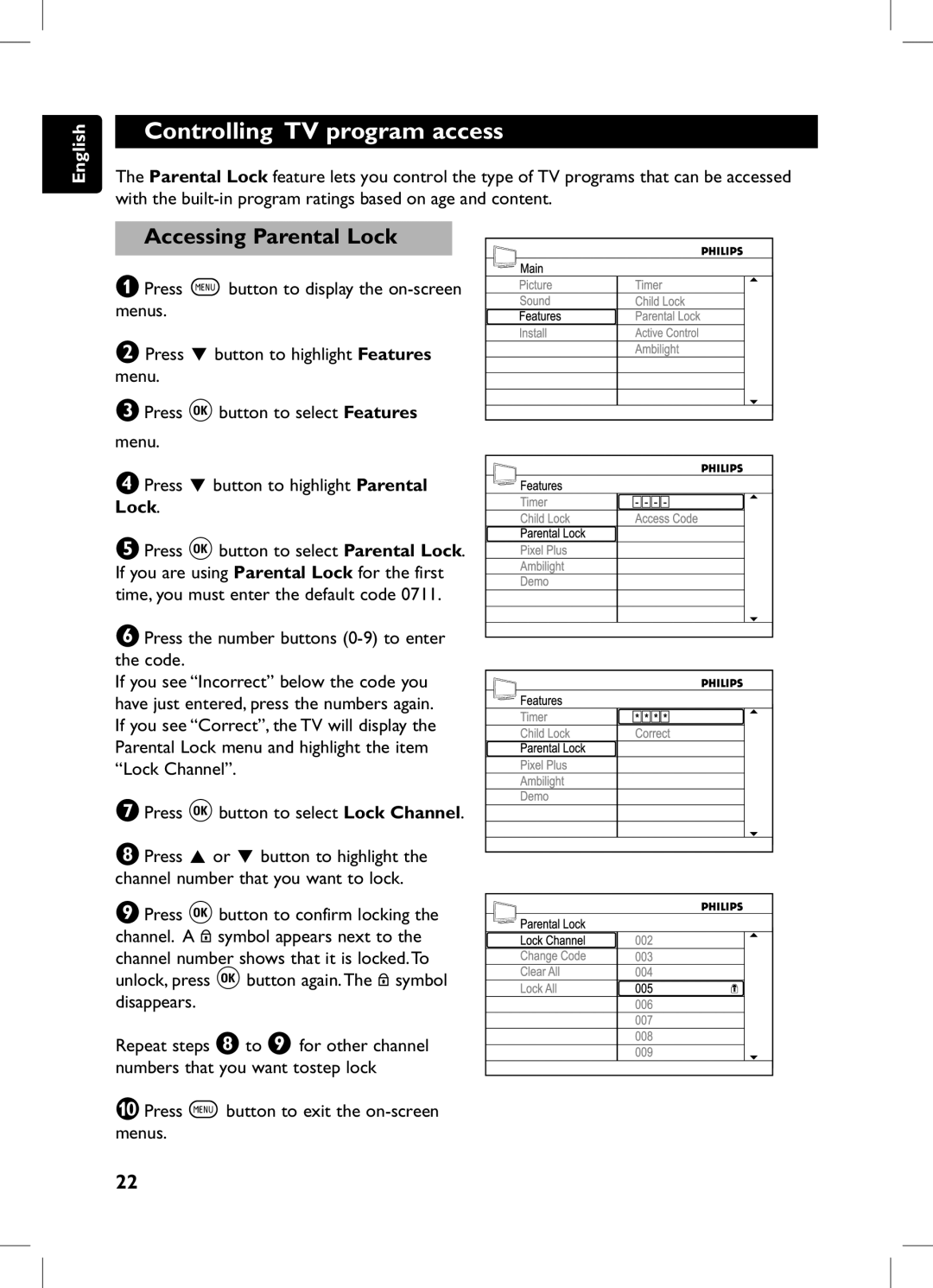 Philips 105E user manual Controlling TV program access, Locking and unlocking, Accessing Parental Lock 