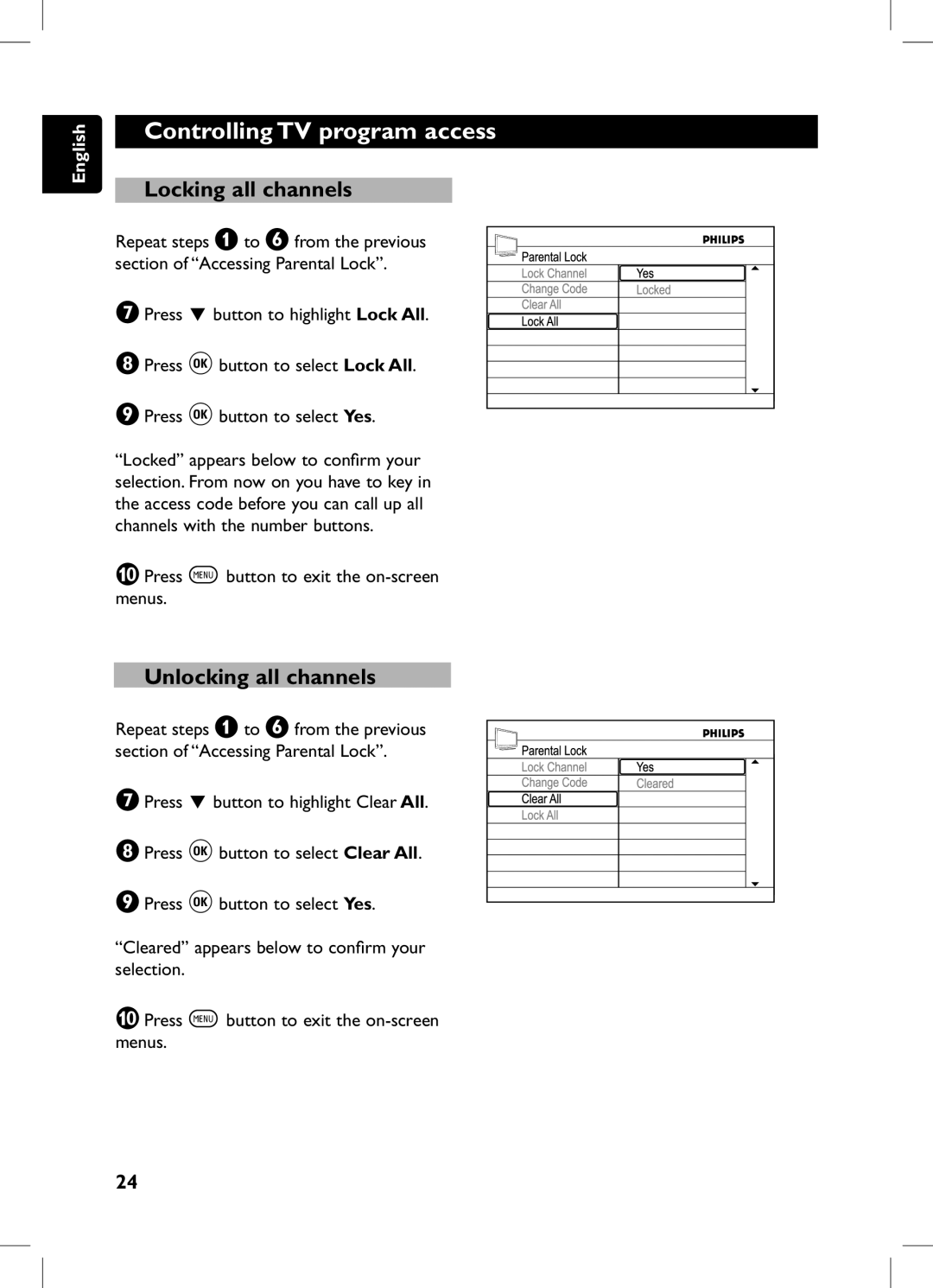 Philips 105E user manual Locking all channels, Unlocking all channels 