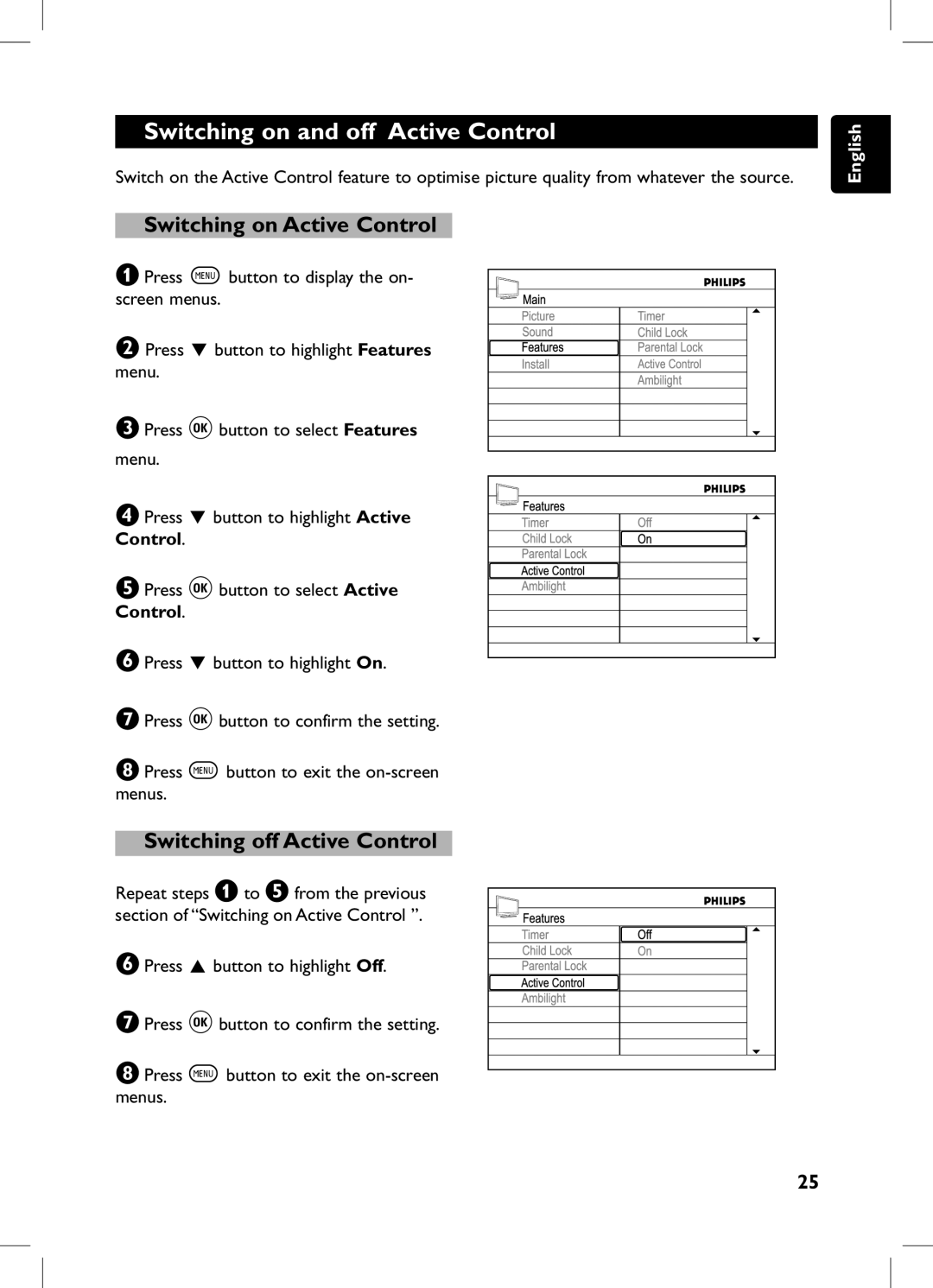 Philips 105E user manual Switching on and off Active Control, Switching on Active Control, Switching off Active Control 