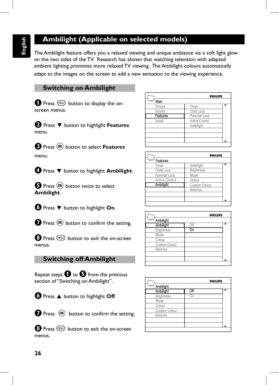 Philips 105E user manual Ambilight Applicable on selected models, Switching on Ambilight, Switching off Ambilight 