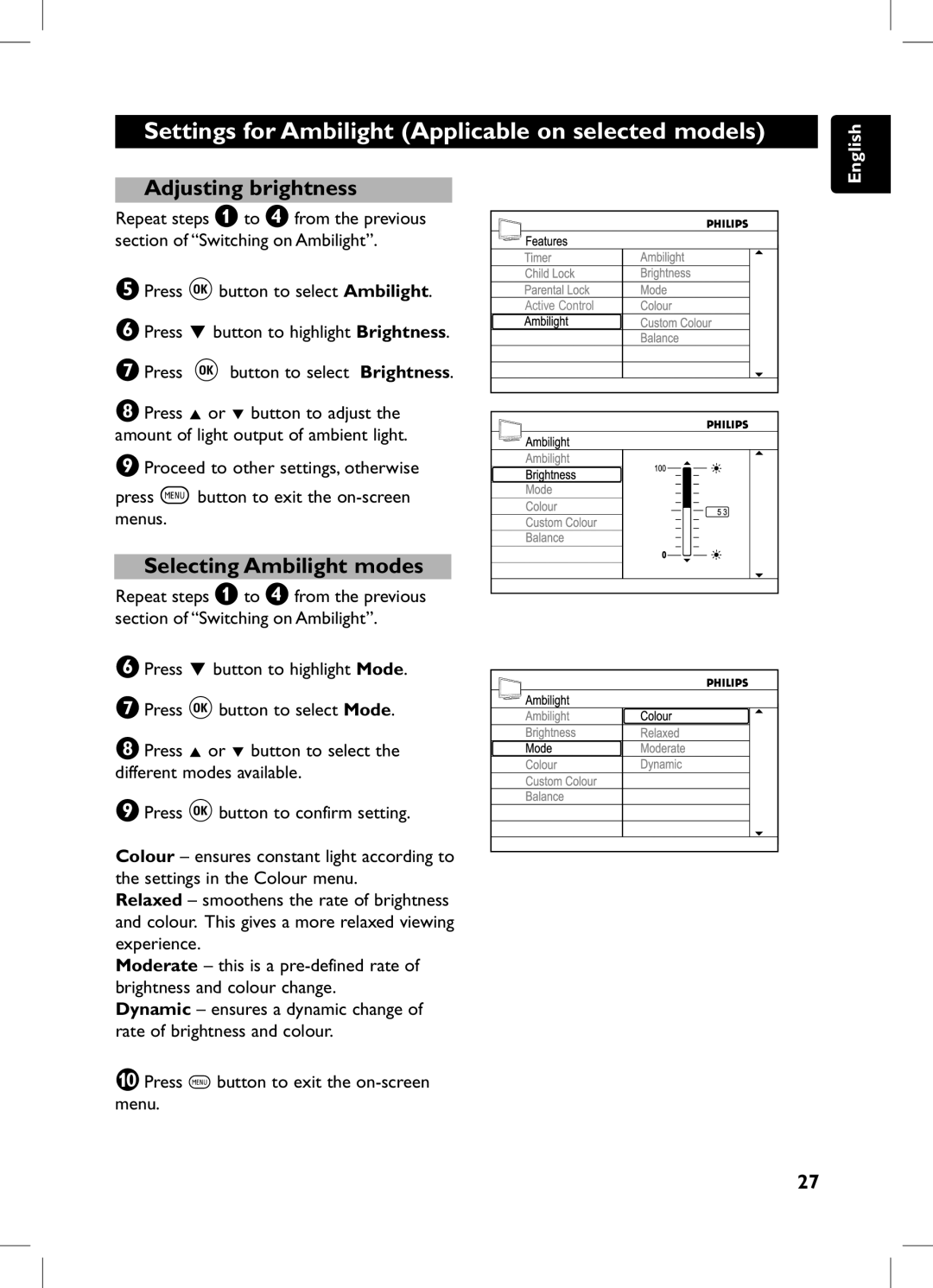 Philips 105E Settings for Ambilight Applicable on selected models, Adjusting brightness, Selecting Ambilight modes 