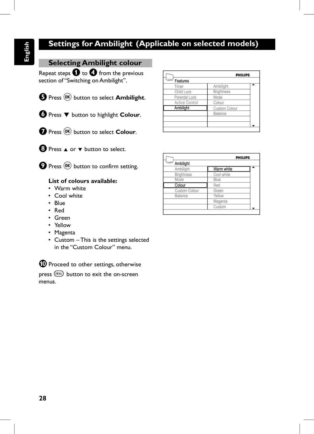 Philips 105E user manual Selecting Ambilight colour, List of colours available 