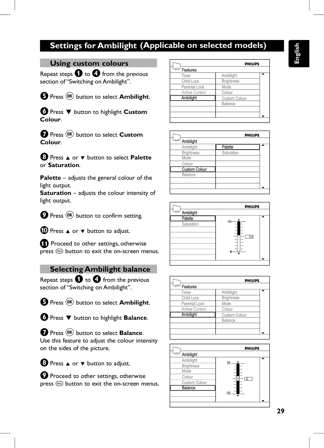 Philips 105E user manual Using custom colours, Selecting Ambilight balance 