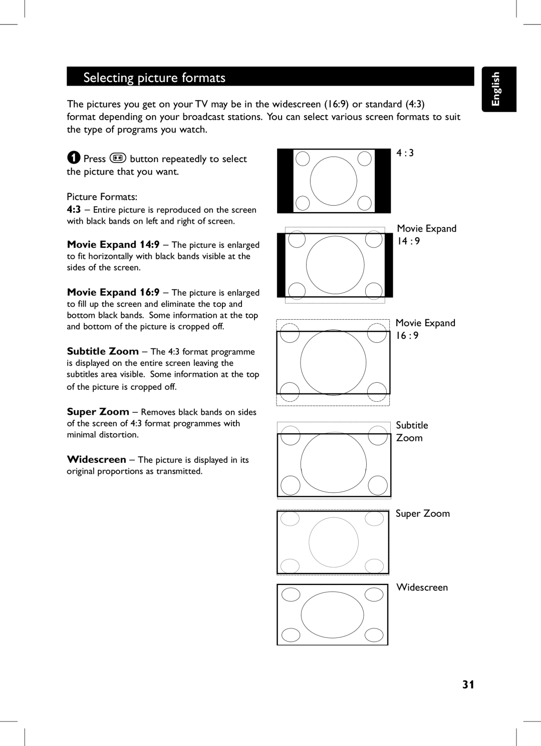 Philips 105E user manual Selecting picture formats, Movie Expand 14 