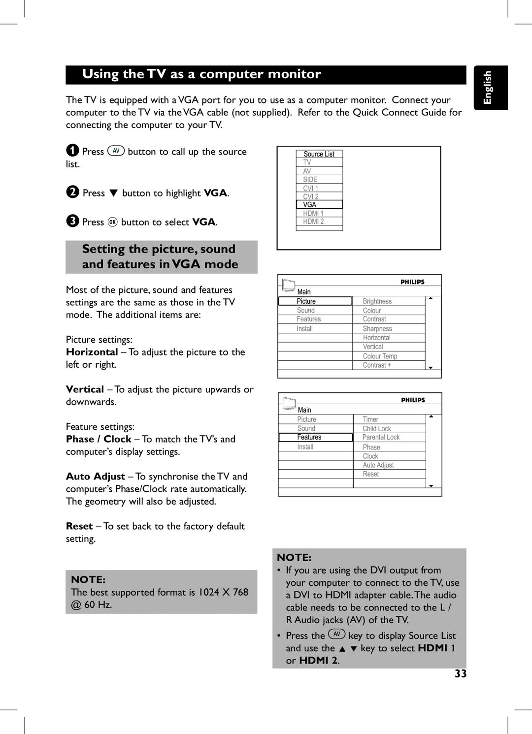 Philips 105E user manual Using the TV as a computer monitor, Setting the picture, sound and features in VGA mode 