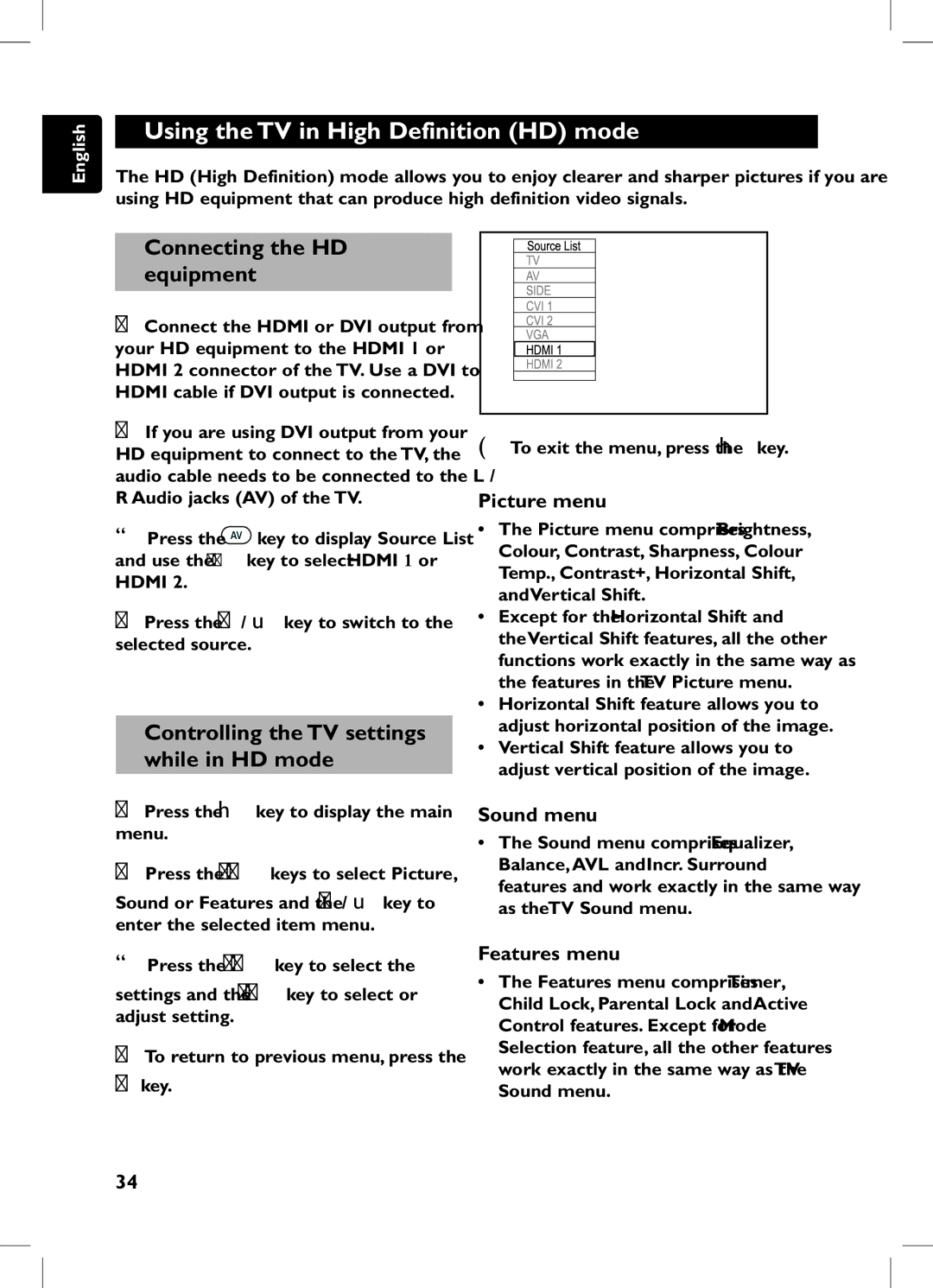 Philips 105E user manual Using the TV in High Definition HD mode, Connecting the HD equipment 