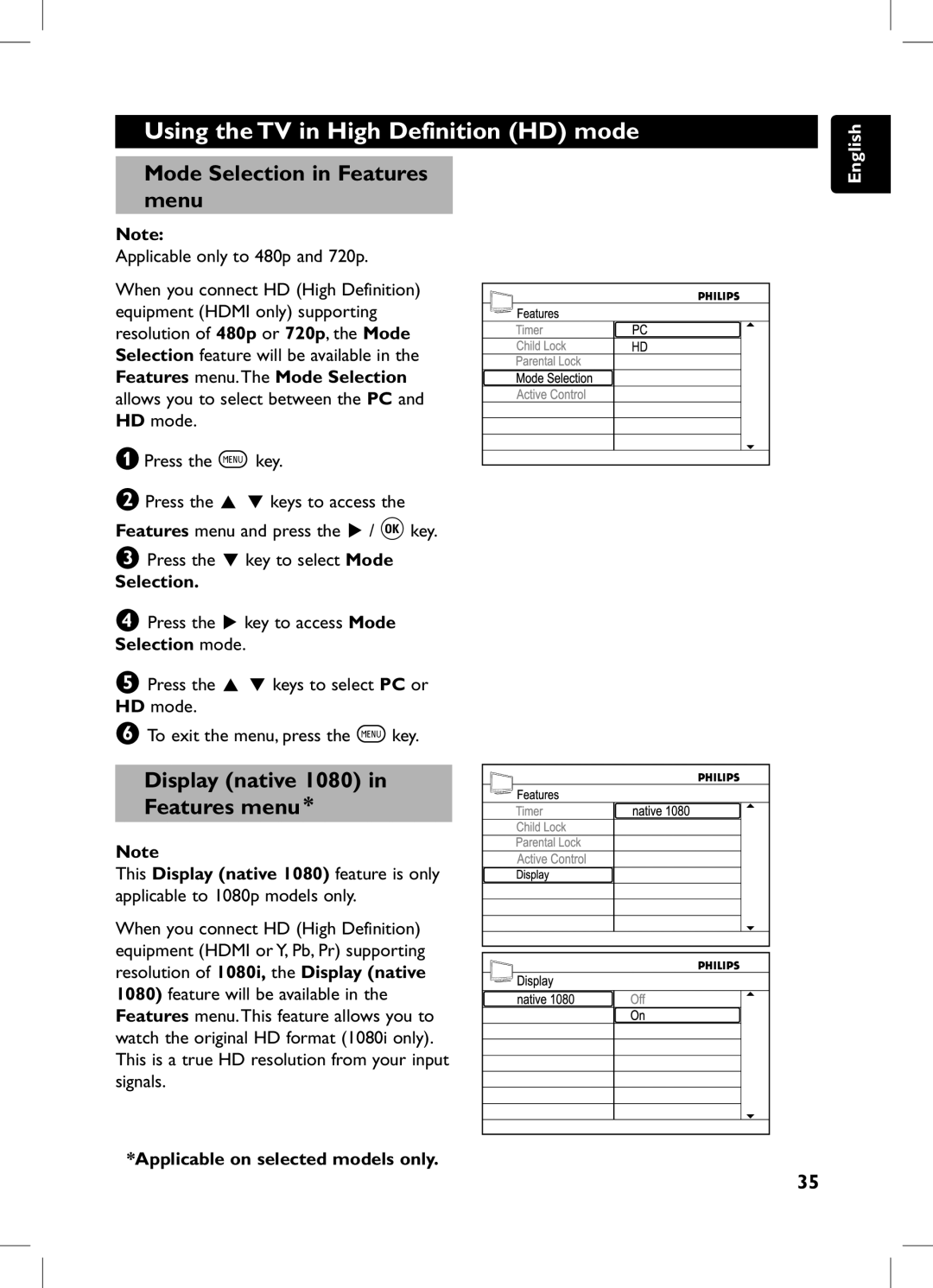 Philips 105E user manual Mode Selection in Features menu, Display native 1080 Features menu 