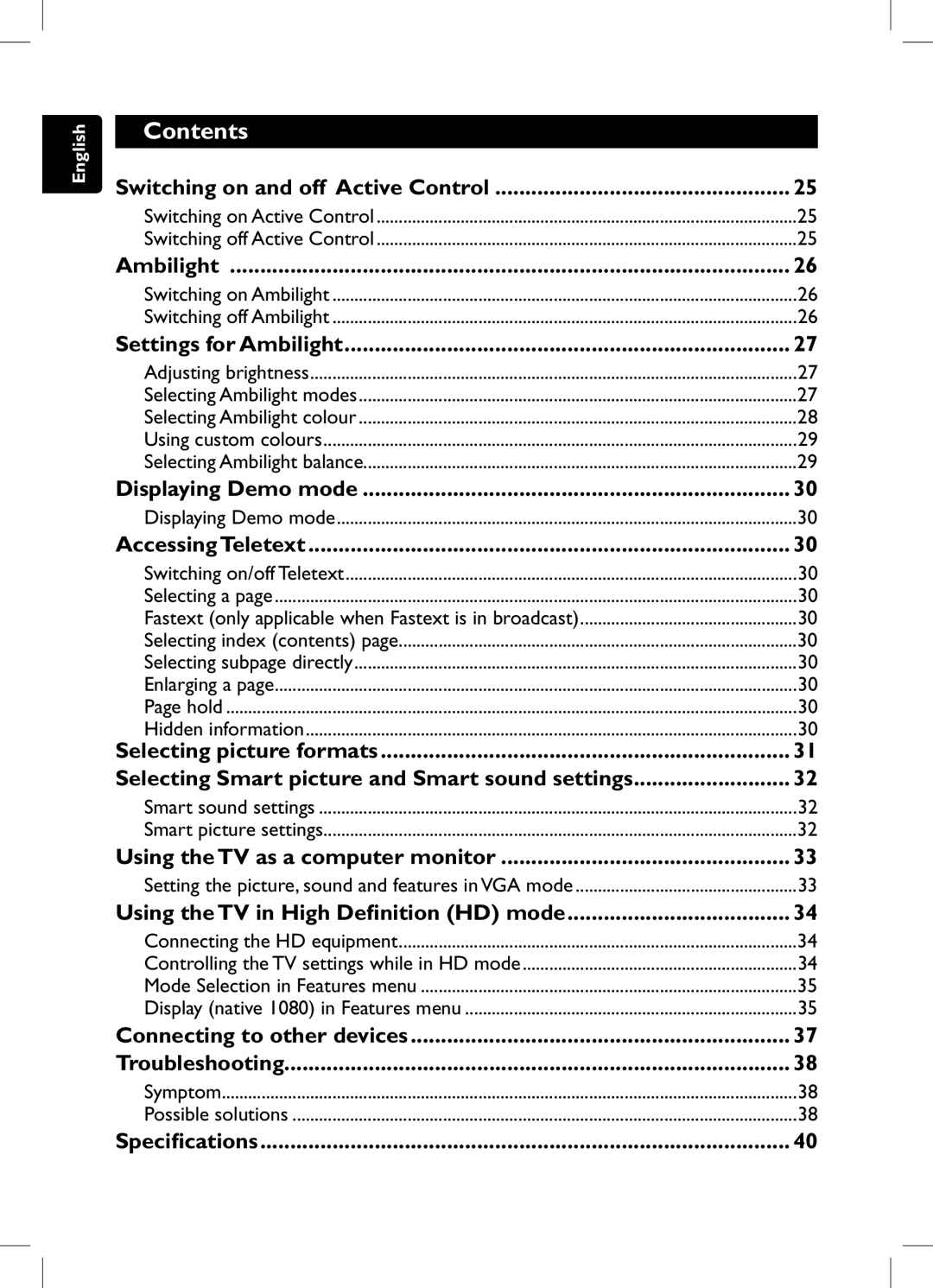 Philips 105E user manual Ambilight, Using the TV in High Definition HD mode, Accessing Teletext, Specifications 