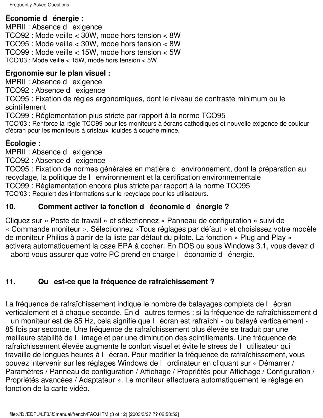 Philips 105E Économie dénergie, Ergonomie sur le plan visuel, Écologie, Comment activer la fonction déconomie dénergie ? 