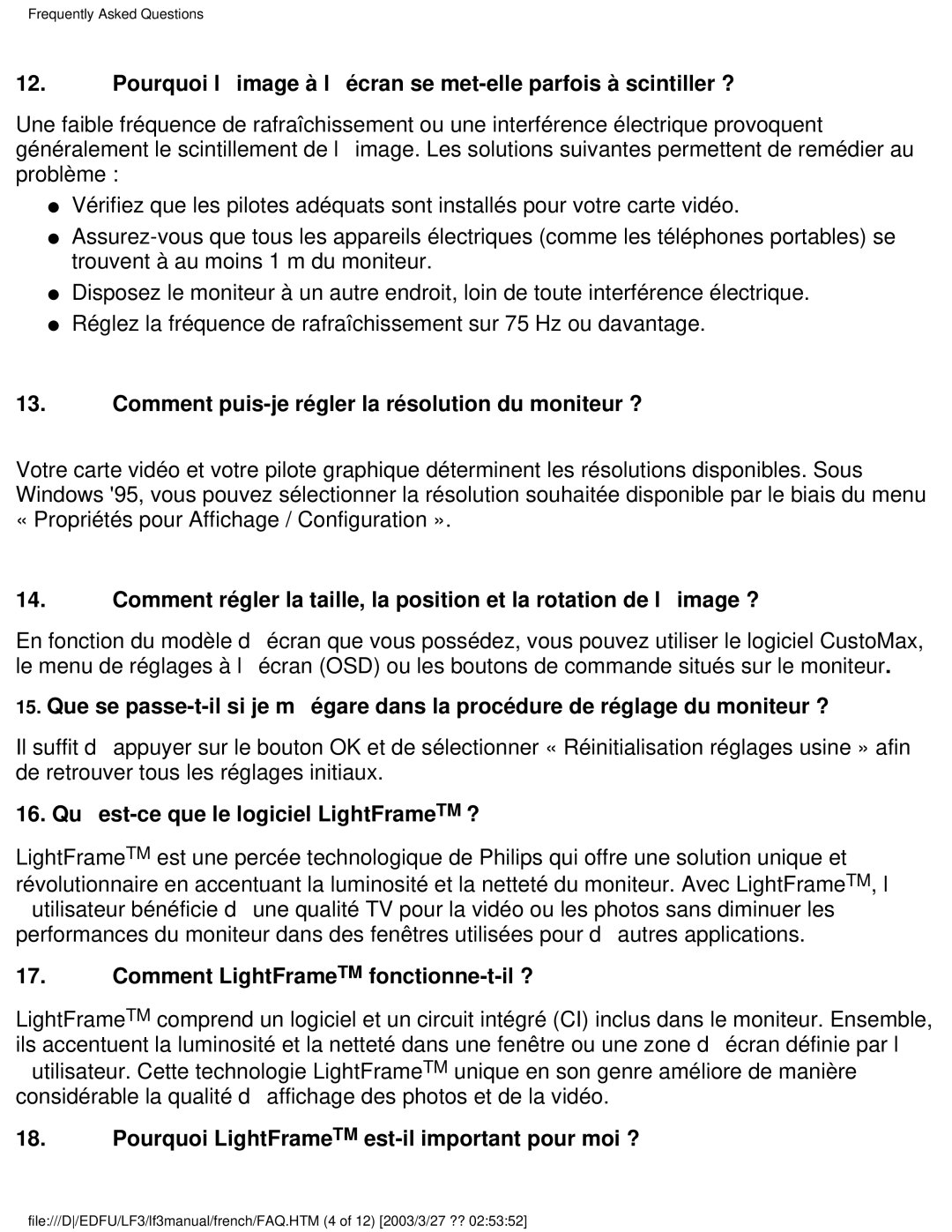 Philips 105E Pourquoi limage à lécran se met-elle parfois à scintiller ?, Quest-ce que le logiciel LightFrameTM ? 