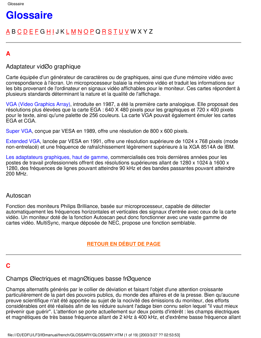 Philips 105E user manual Glossaire, Adaptateur vidéo graphique, Autoscan, Champs électriques et magnétiques basse fréquence 