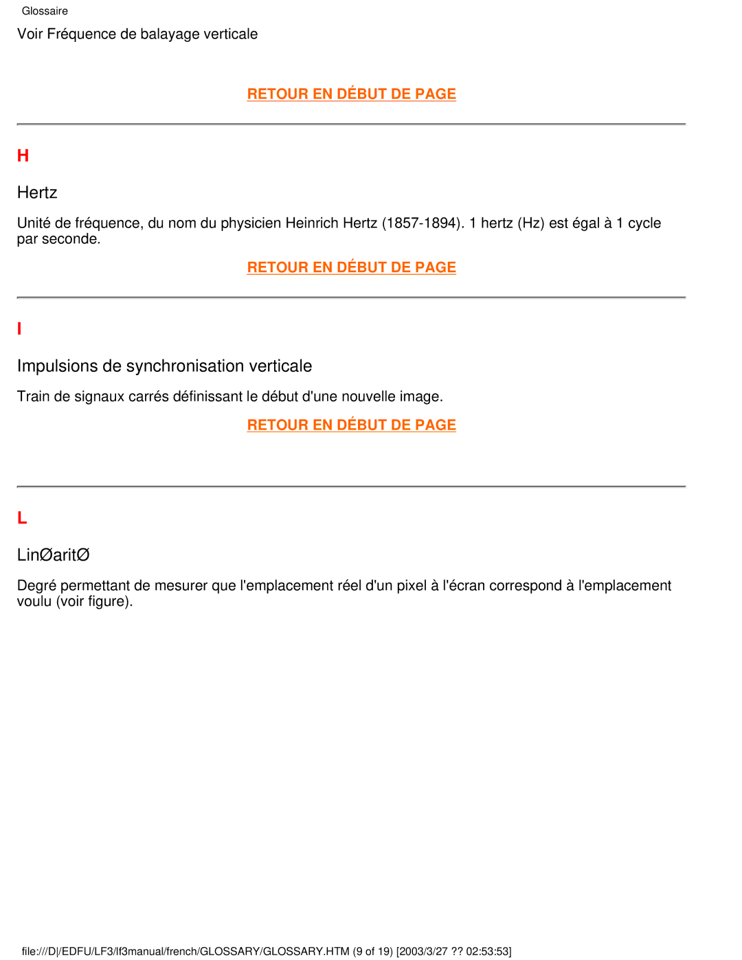 Philips 105E user manual Hertz, Impulsions de synchronisation verticale, Linéarité 