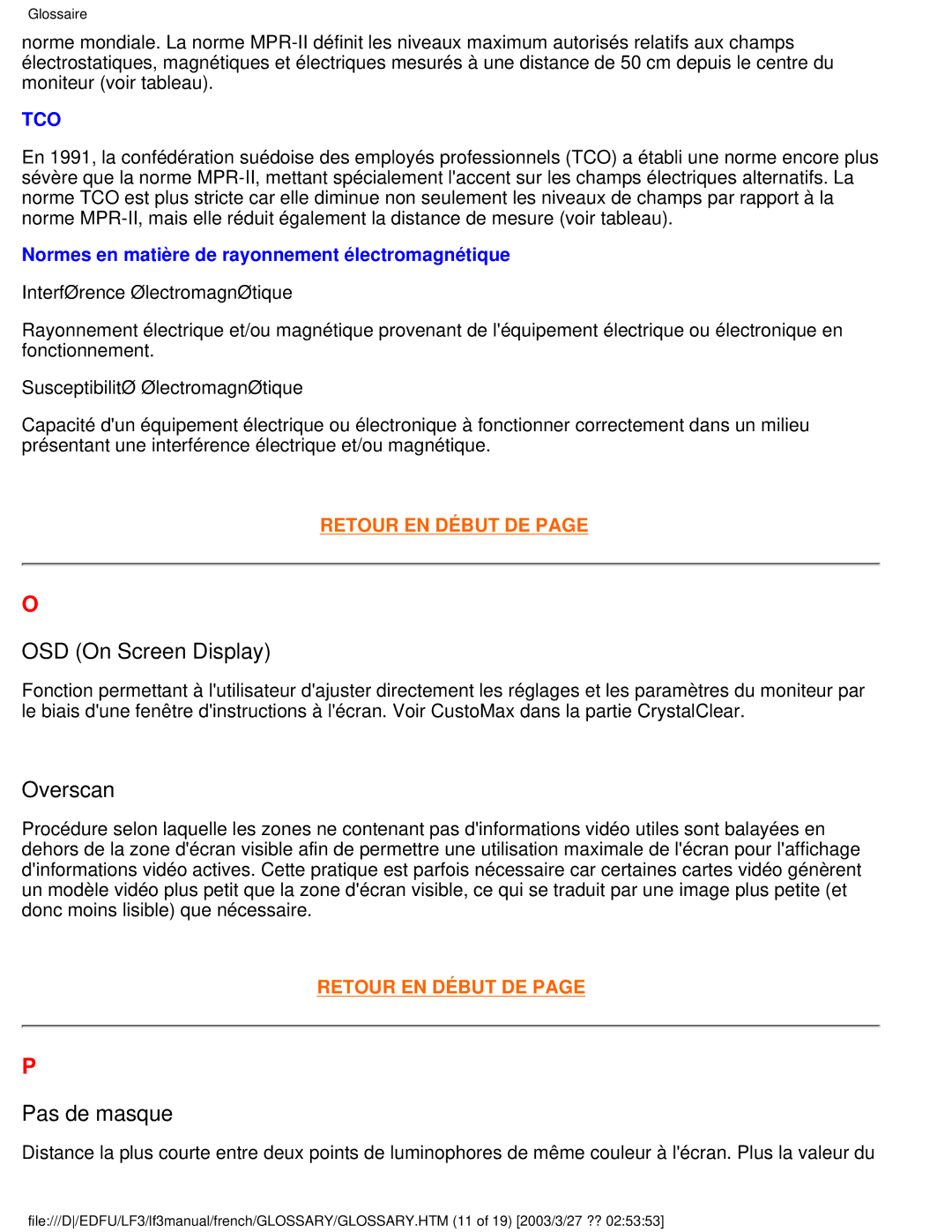 Philips 105E user manual OSD On Screen Display, Overscan, Pas de masque 