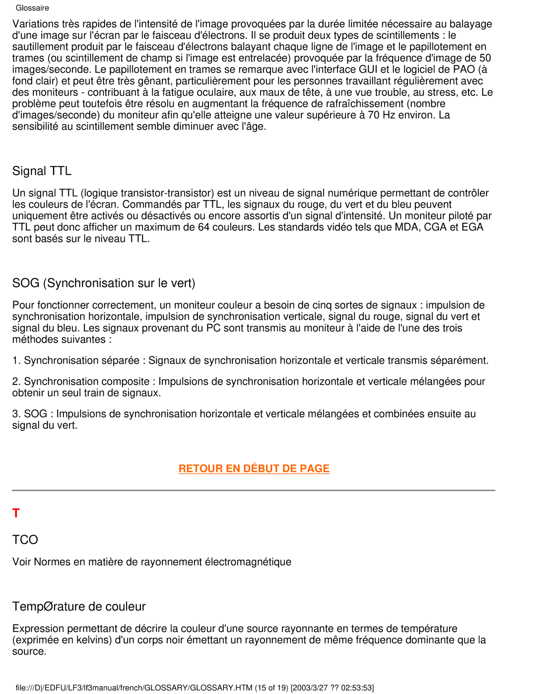 Philips 105E user manual Signal TTL, SOG Synchronisation sur le vert, Température de couleur 