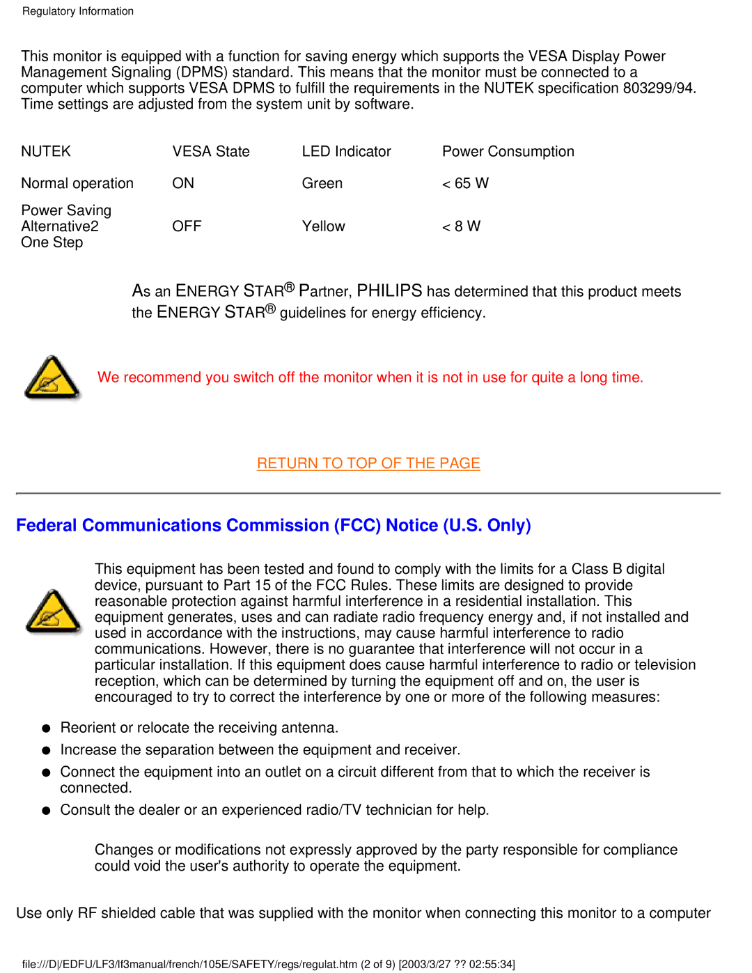 Philips 105E user manual Federal Communications Commission FCC Notice U.S. Only, Nutek 