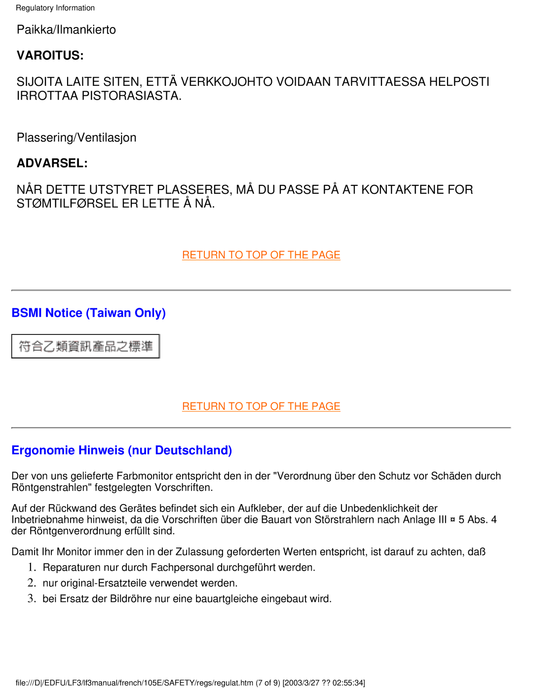 Philips 105E user manual Bsmi Notice Taiwan Only, Ergonomie Hinweis nur Deutschland 