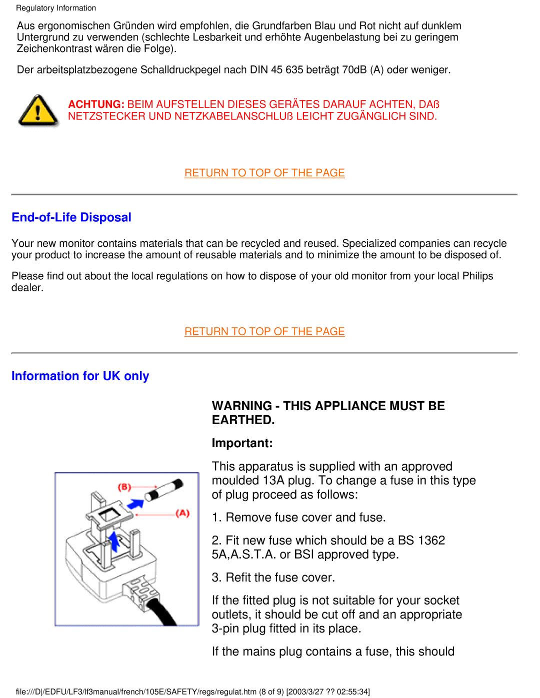 Philips 105E user manual End-of-Life Disposal, Information for UK only 