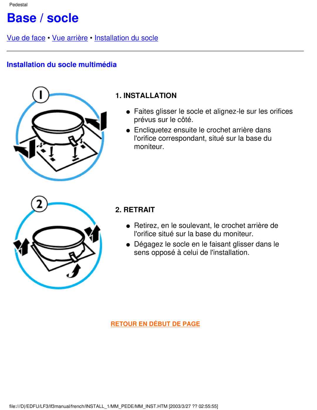 Philips 105E user manual Base / socle, Installation du socle multimédia 