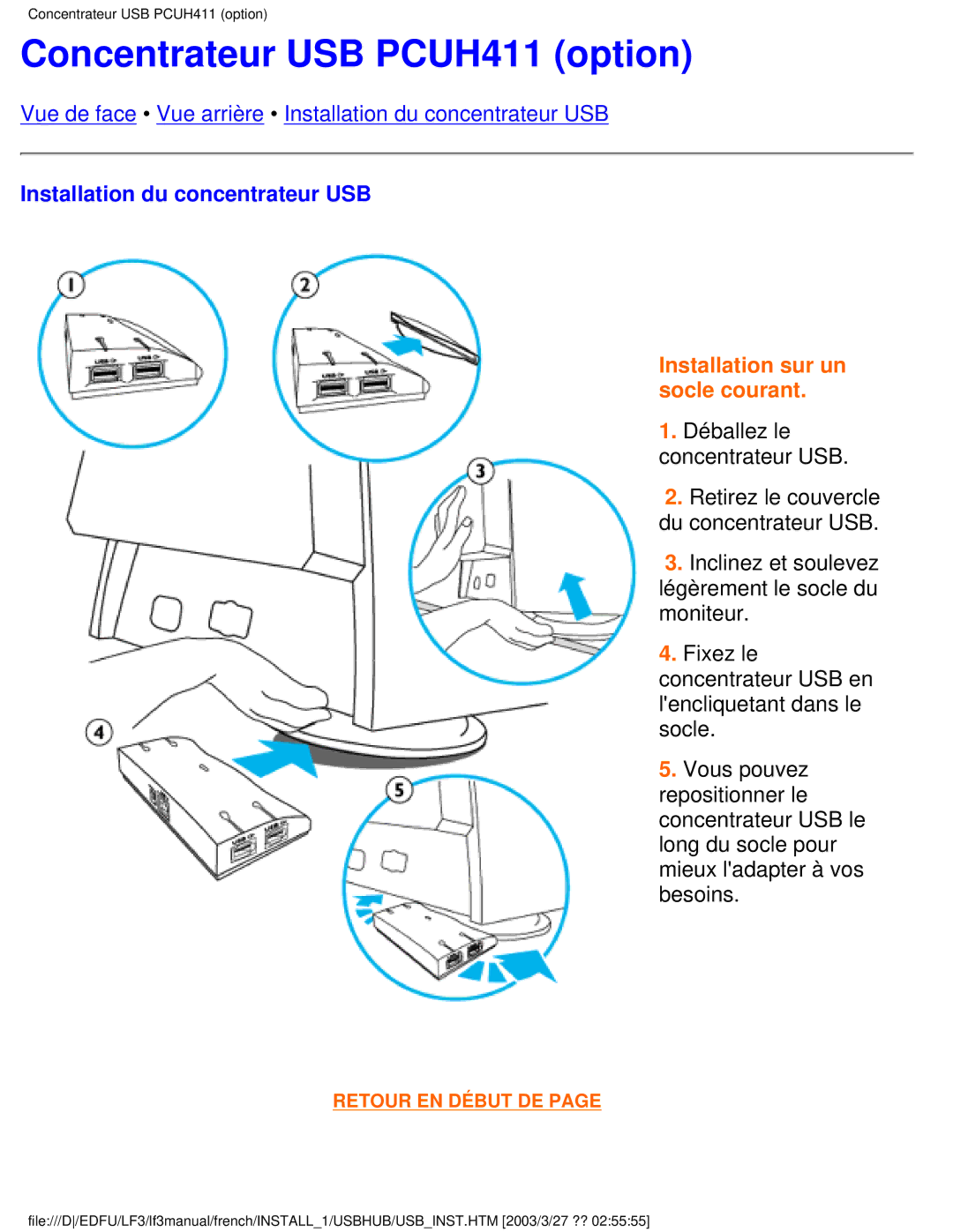 Philips 105E user manual Concentrateur USB PCUH411 option, Installation du concentrateur USB 