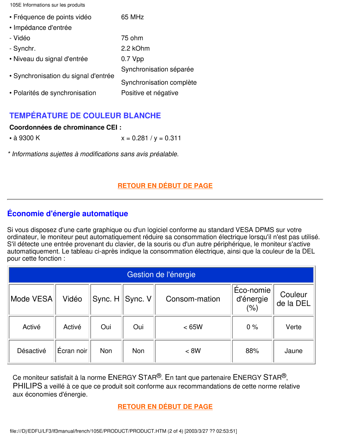 Philips 105E user manual Température DE Couleur Blanche, Économie dénergie automatique 