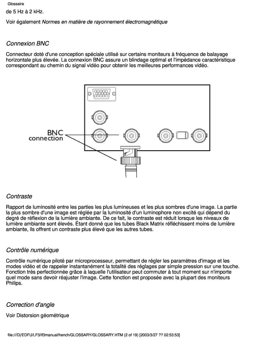 Philips 105E user manual Connexion BNC, Contraste, Contrôle numérique, Correction dangle 