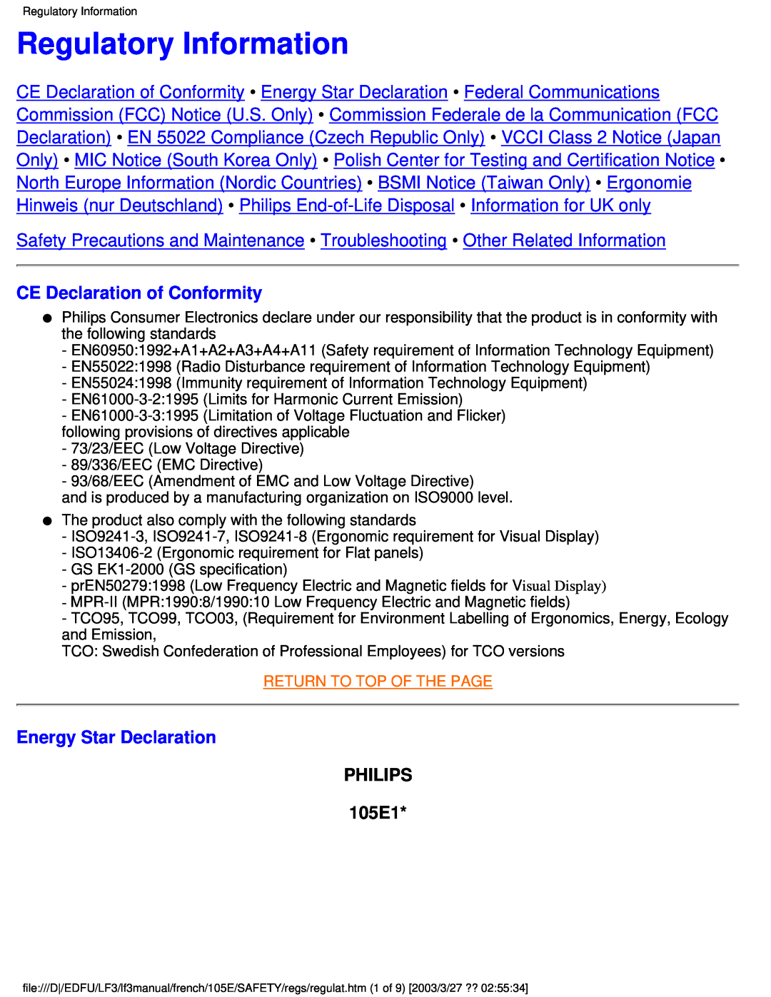 Philips user manual Regulatory Information, CE Declaration of Conformity, Energy Star Declaration, PHILIPS 105E1 
