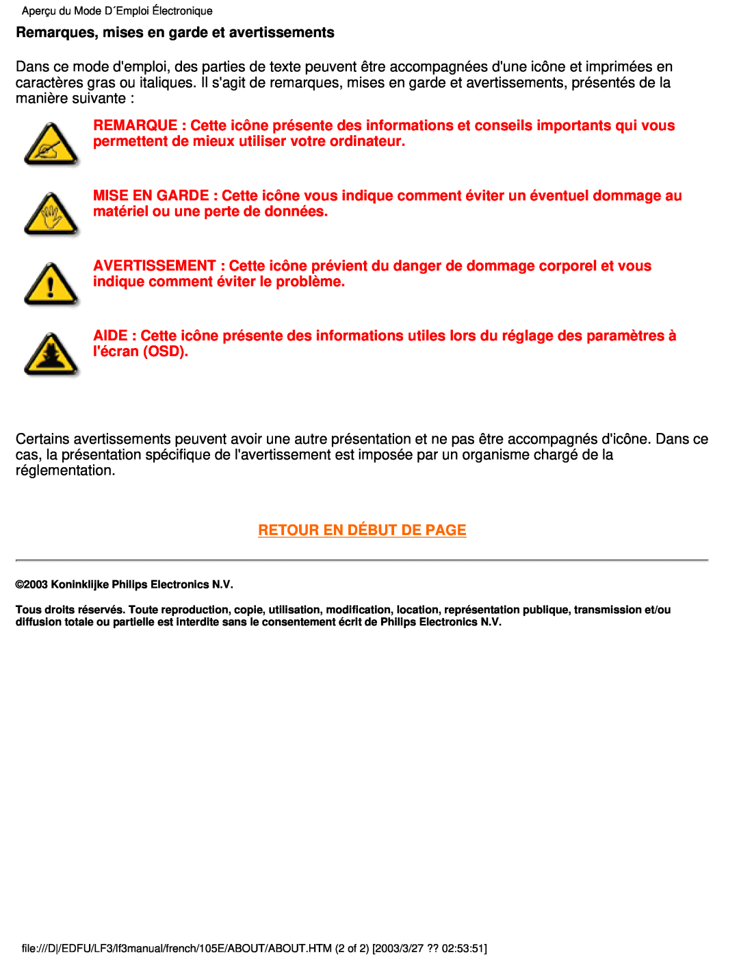 Philips 105E Remarques, mises en garde et avertissements, Retour En Début De Page, Koninklijke Philips Electronics N.V 