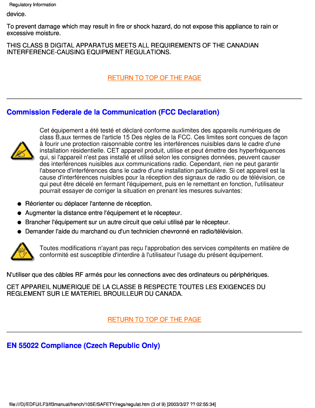 Philips 105E user manual Commission Federale de la Communication FCC Declaration, EN 55022 Compliance Czech Republic Only 