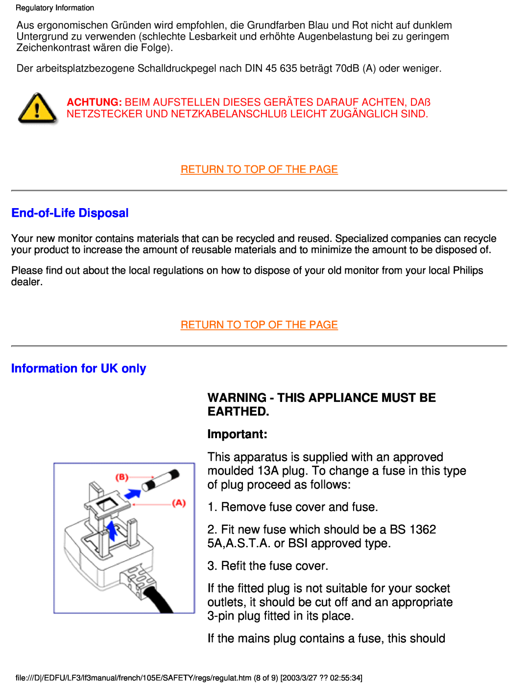Philips 105E user manual End-of-Life Disposal, Information for UK only, Warning - This Appliance Must Be Earthed 