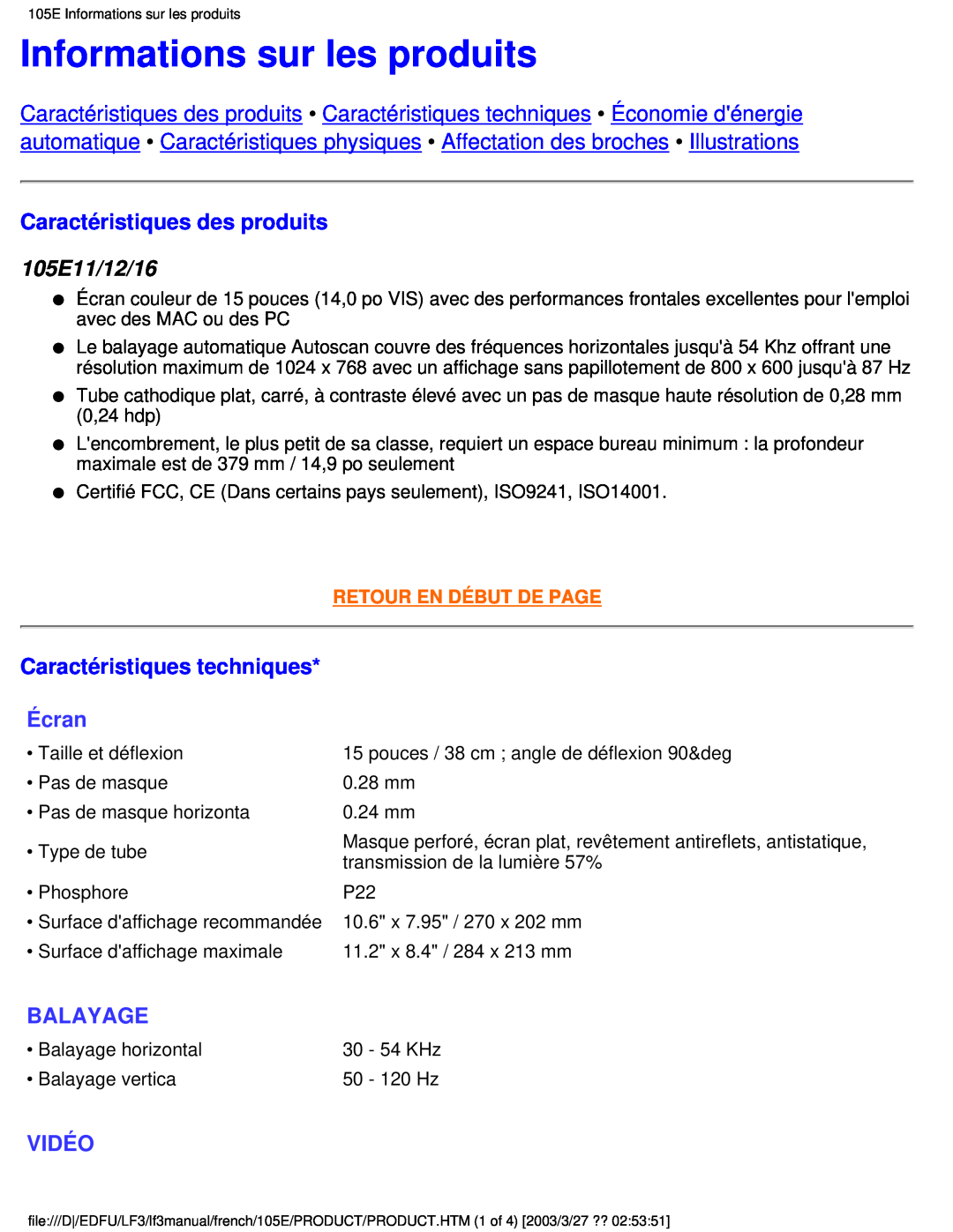 Philips Informations sur les produits, Caractéristiques des produits, 105E11/12/16, Caractéristiques techniques, Écran 