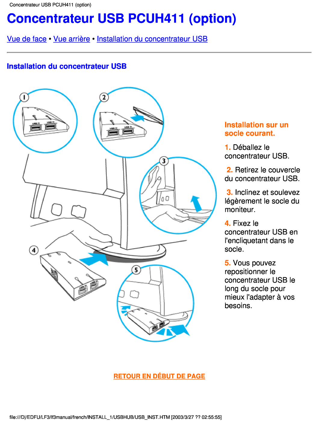 Philips 105E user manual Concentrateur USB PCUH411 option, Vue de face Vue arrière Installation du concentrateur USB 