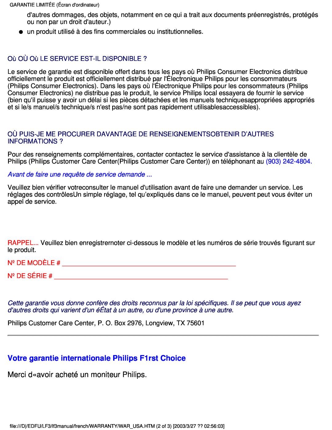 Philips 105E user manual Votre garantie internationale Philips F1rst Choice, Merci d«avoir acheté un moniteur Philips 