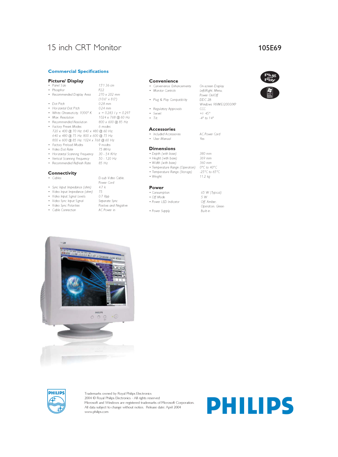 Philips 105E69 dimensions Inch CRT Monitor 