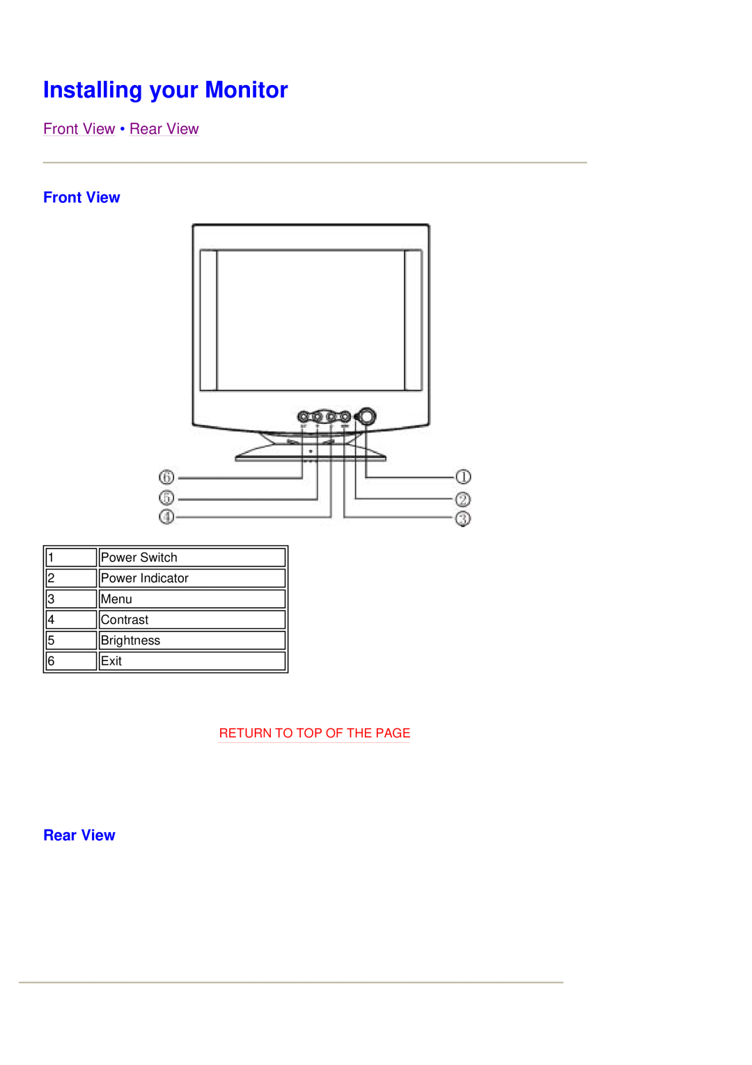 Philips 105G7 manual Installing your Monitor, Front View Rear View, Return To Top Of The Page 