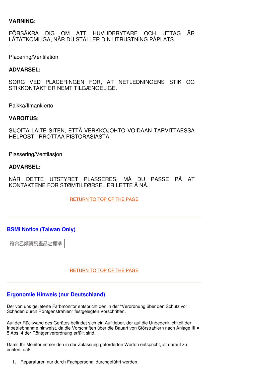 Philips 105G7 manual Varning, Advarsel, Varoitus, BSMI Notice Taiwan Only, Ergonomie Hinweis nur Deutschland 