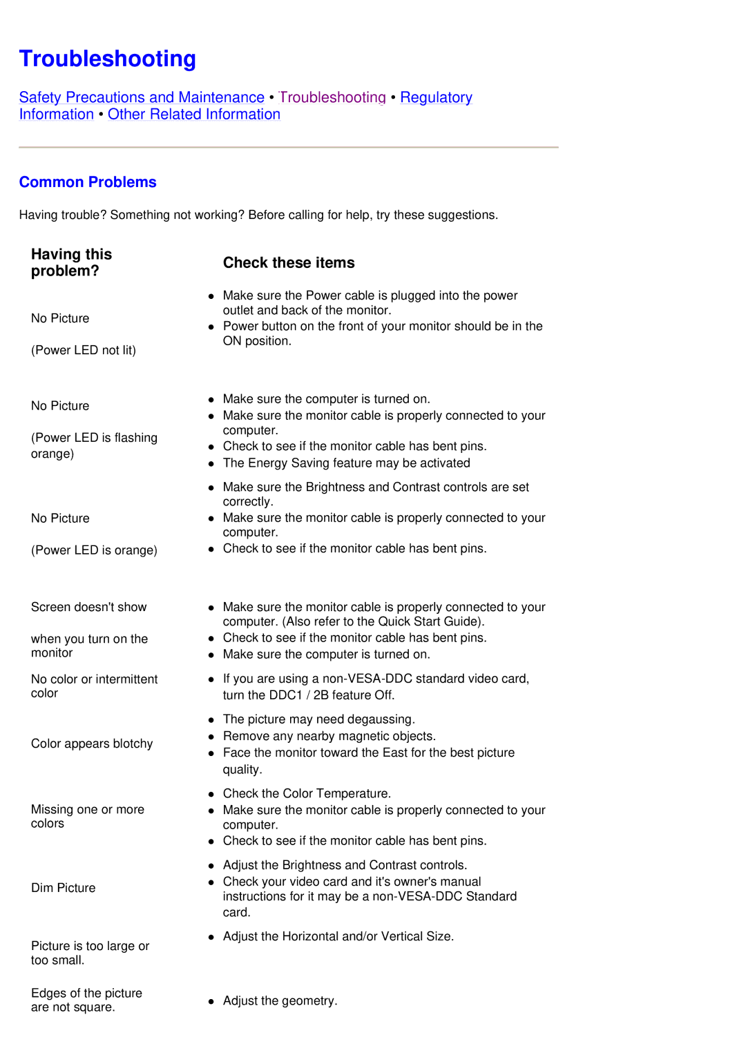 Philips 105G7 manual Troubleshooting, Common Problems 