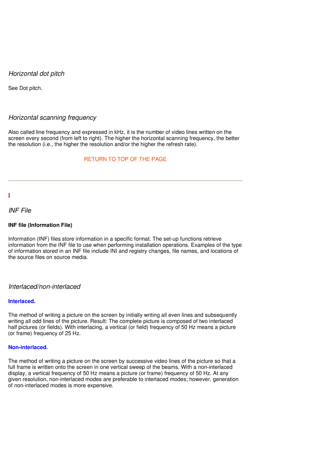 Philips 105G7 manual Horizontal dot pitch, Horizontal scanning frequency, INF File, Interlaced/non-interlaced 