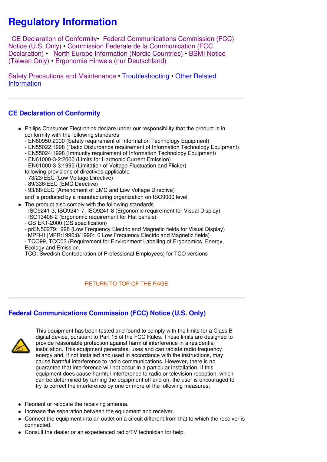 Philips 105G7 Regulatory Information, CE Declaration of Conformity, Federal Communications Commission FCC Notice U.S. Only 