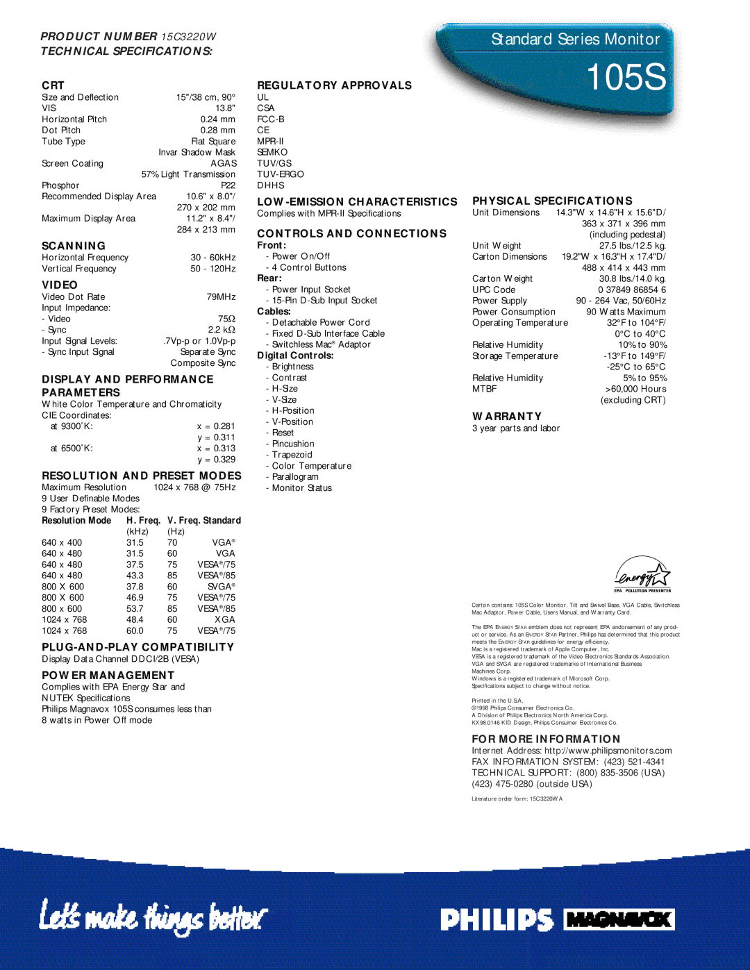 Philips 105S Crt, Scanning, Video, Display and Performance Parameters, Resolution and Preset Modes, Regulatory Approvals 