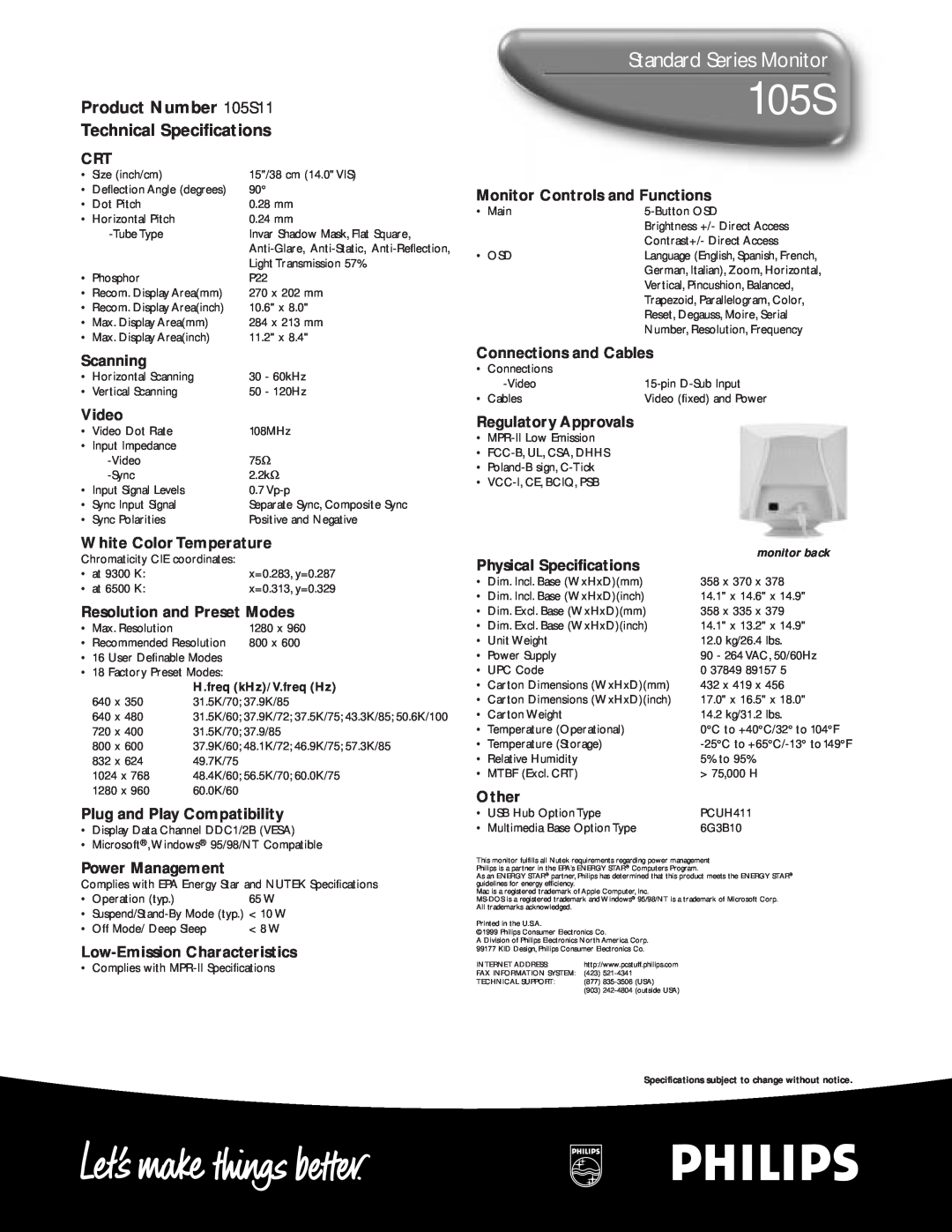 Philips warranty Standard Series Monitor, Product Number 105S11 Technical Specifications 