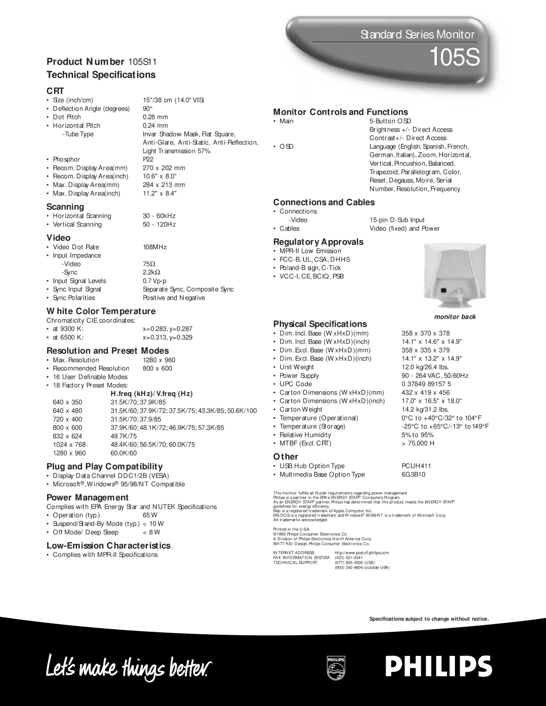 Philips 105S11 Scanning, Video, White Color Temperature, Resolution and Preset Modes, Plug and Play Compatibility, Other 