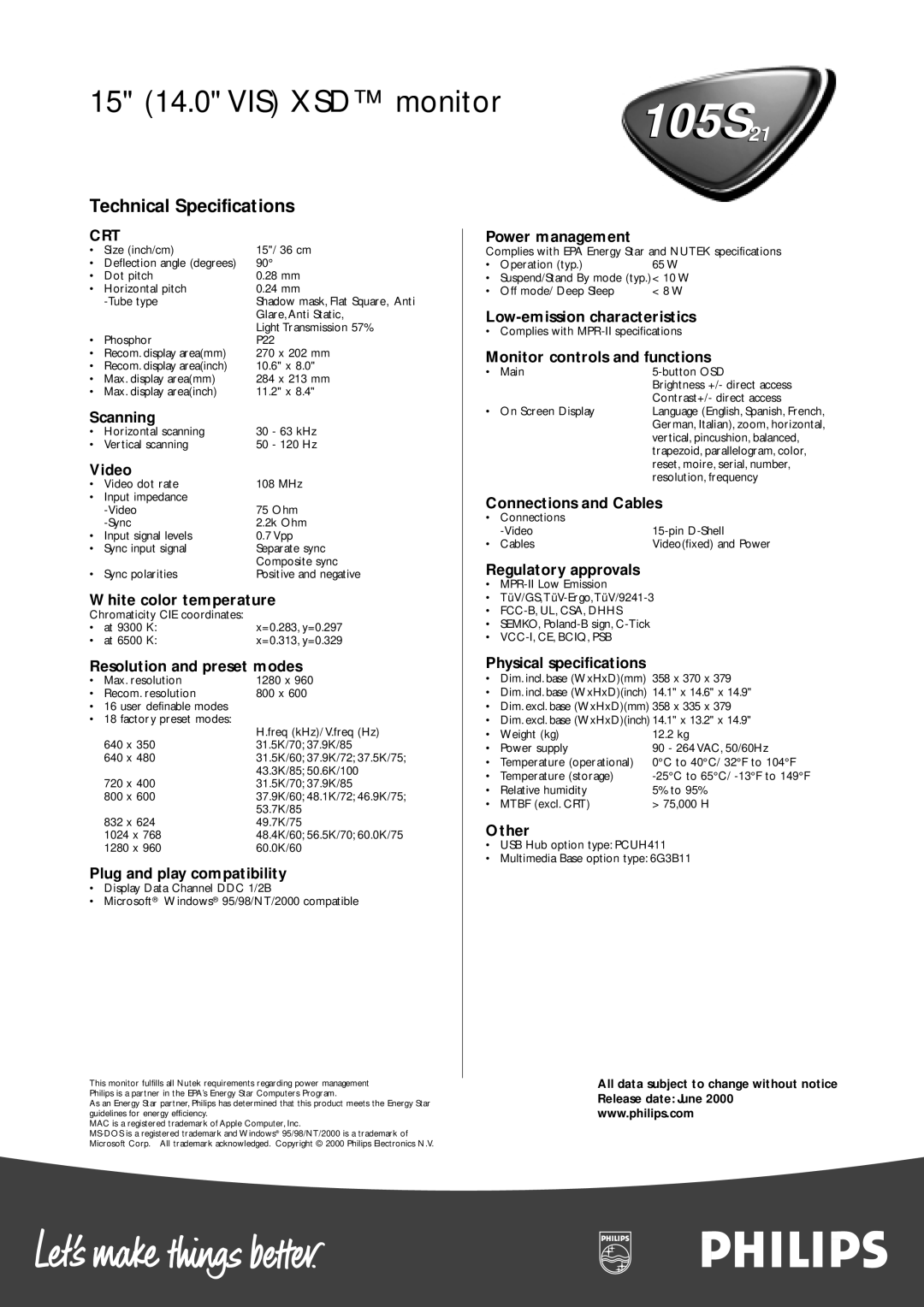 Philips 105S21 Scanning, Video, White color temperature, Resolution and preset modes, Plug and play compatibility, Other 