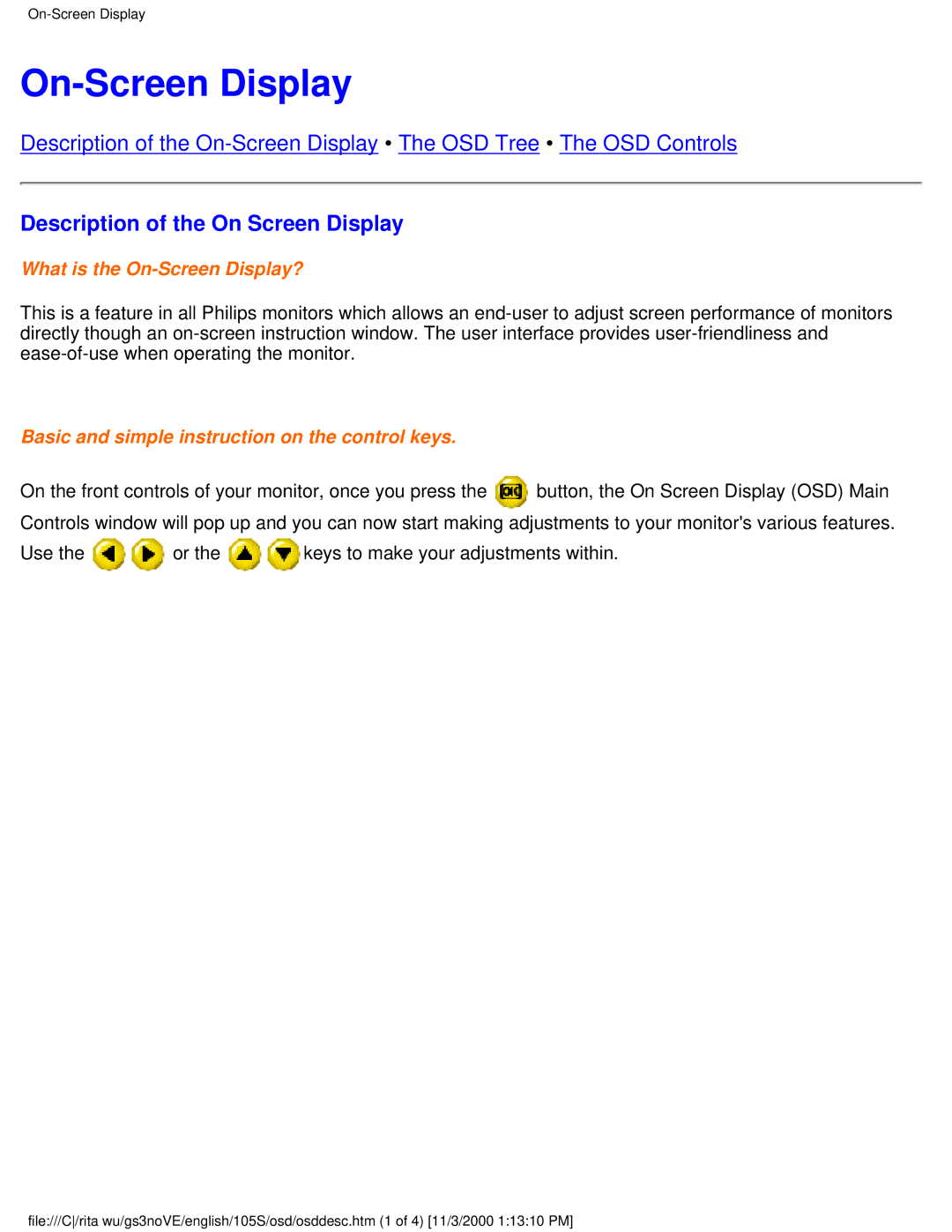 Philips 105S26 user manual On-Screen Display, Description of the On Screen Display 