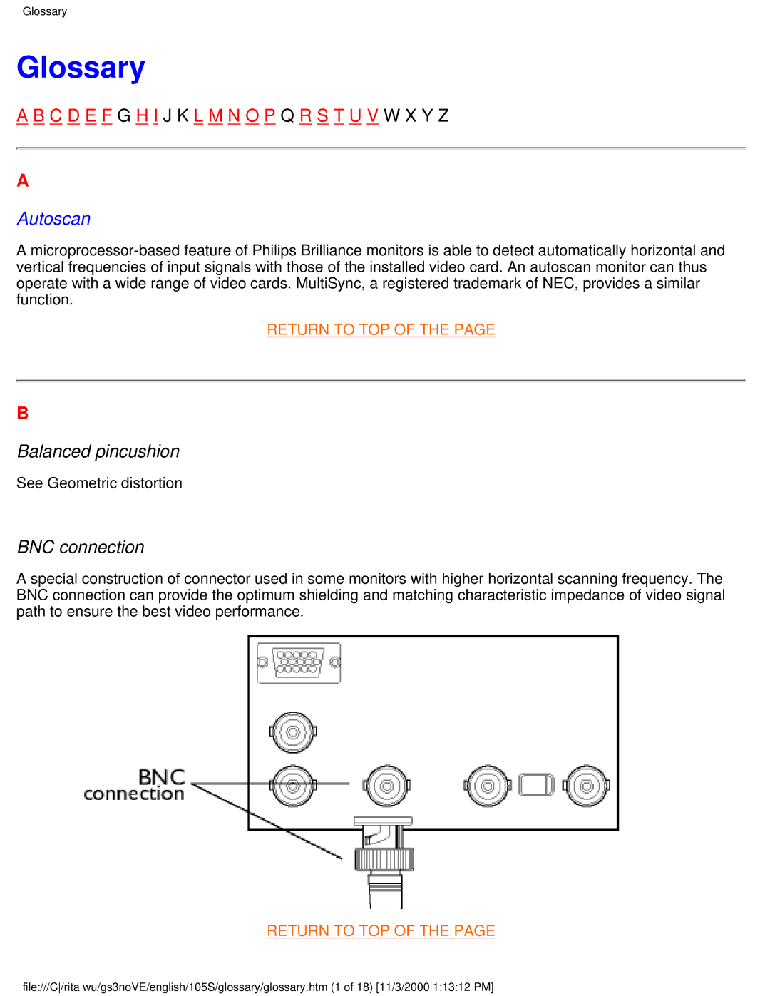 Philips 105S26 user manual Glossary, Balanced pincushion, BNC connection 