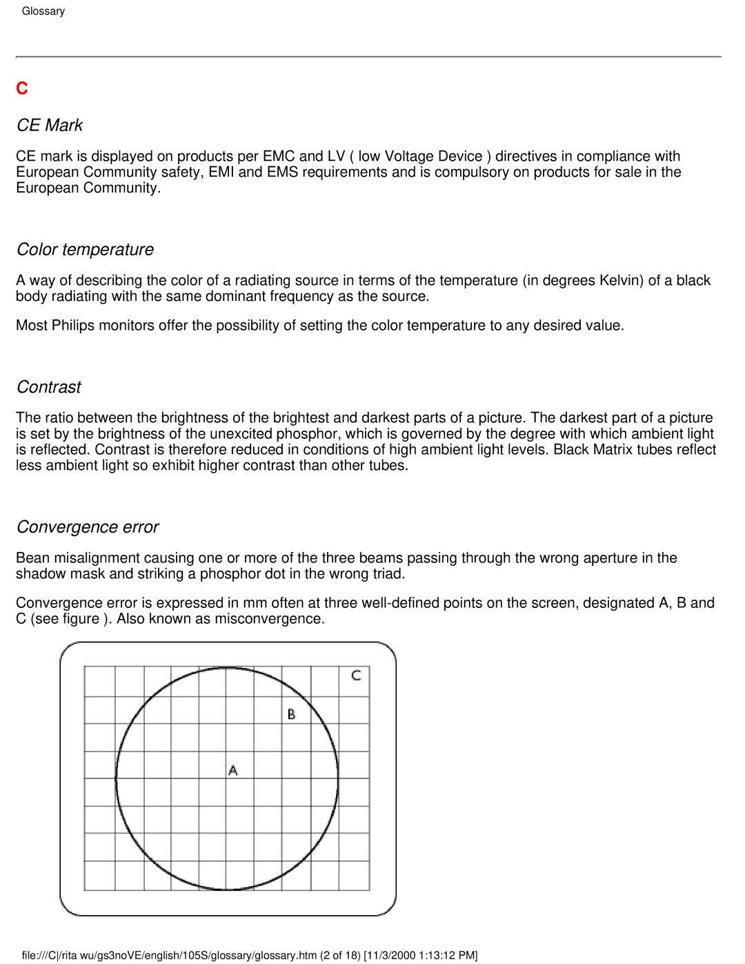 Philips 105S26 user manual CE Mark, Color temperature, Contrast, Convergence error 