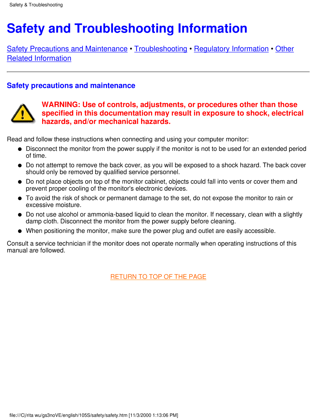 Philips 105S26 user manual Safety and Troubleshooting Information, Safety precautions and maintenance 